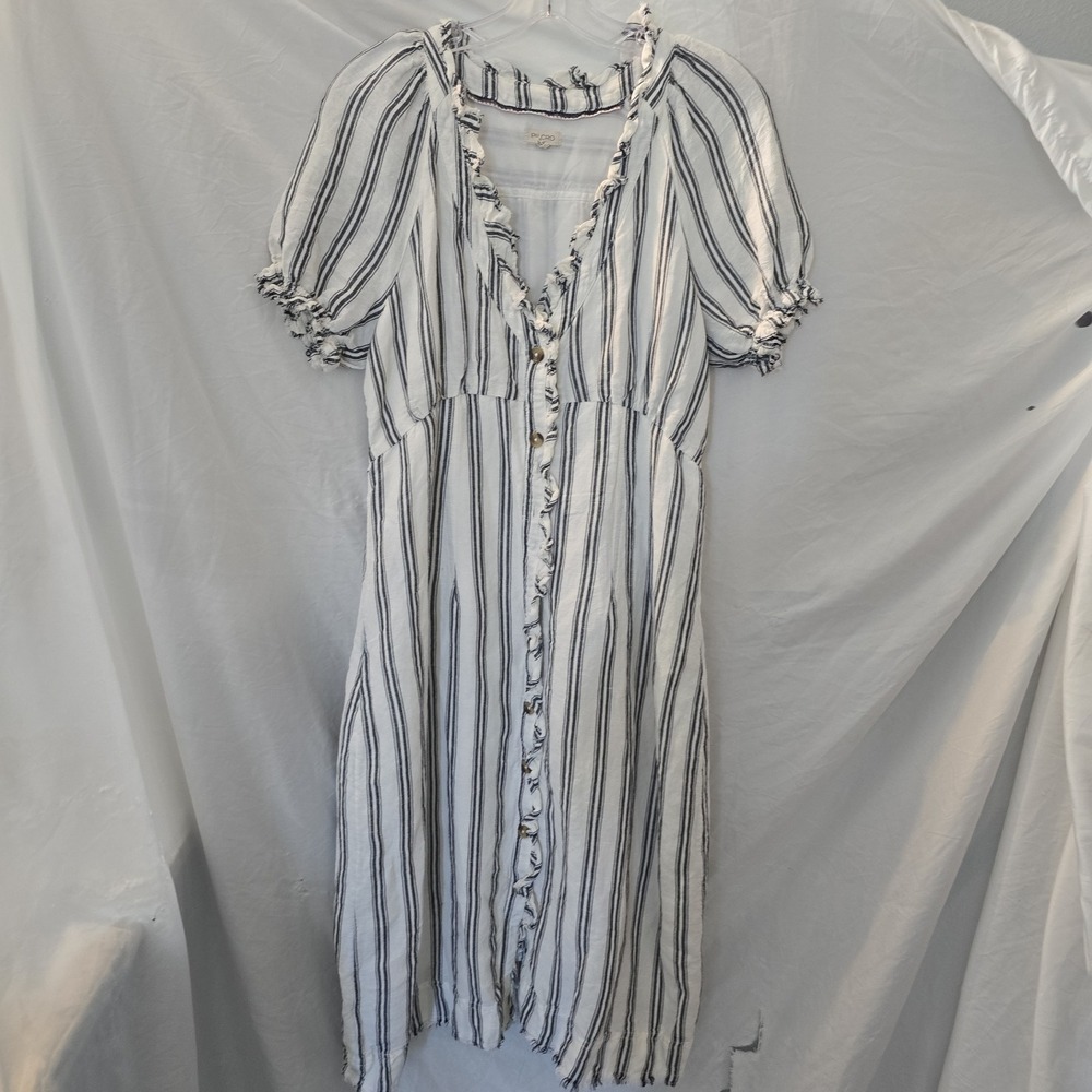 Anthropologie Pilcro Women's White Striped Linen Blend Long Dress Button-Up 10